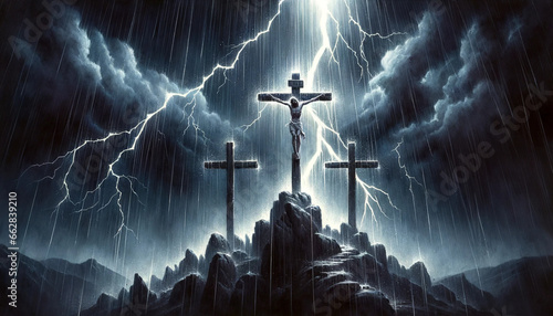 Calvary's Confrontation: Divine Redemption in the Crucifixion as Jesus Christ is Crucified on the Holy Cross, Amidst Ominous Dark Storm Clouds, Electrifying Lightning, and Heavy Rain.