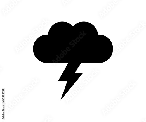 Cloud and lightning icon. Black thunderstorm symbol. Weather icon.