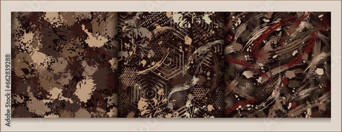 Seamless brown camouflage patterns with grunge paint brush strokes, smudge, hexagons, blots. Dense random chaotic composition. Good for apparel, fabric, textile, sport goods. Grunge texture