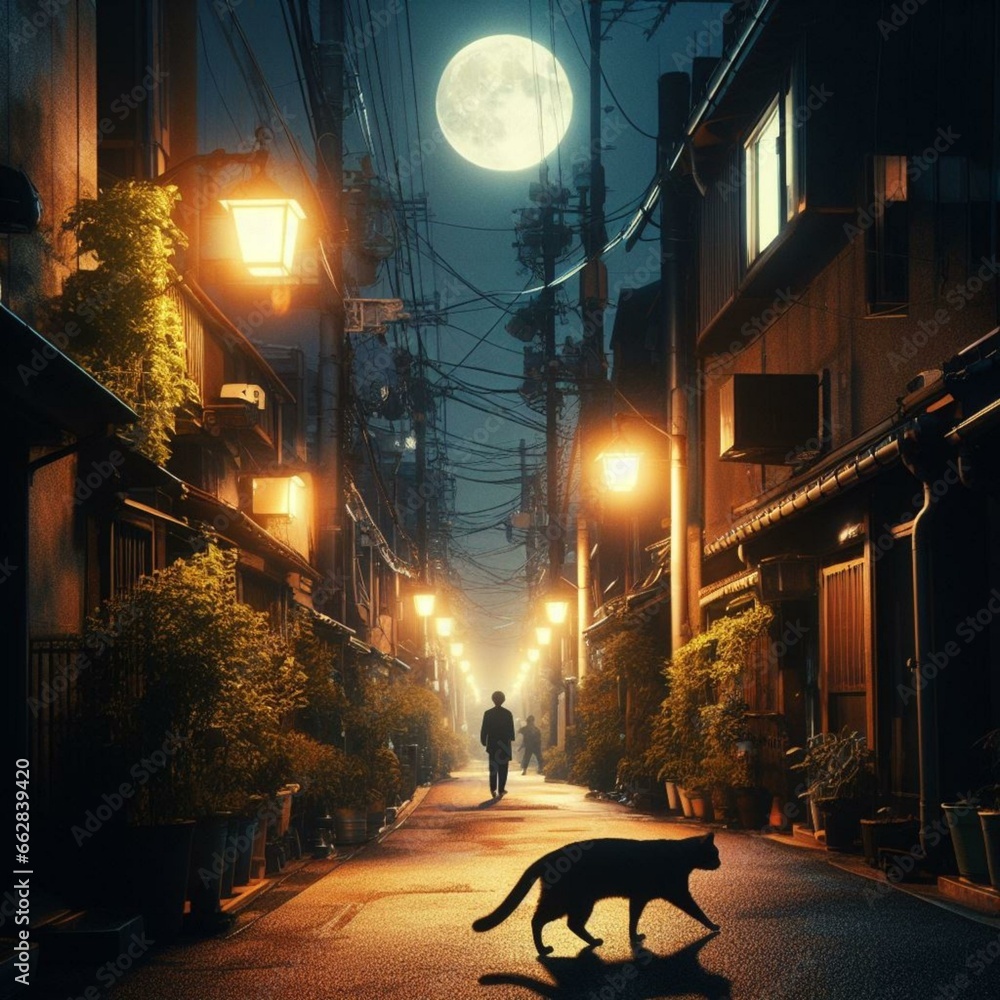 満月の夜の日本の路地裏を横切る猫 Generative AI  - obrazy, fototapety, plakaty 