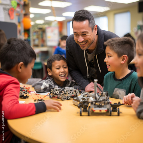 Lessons in elementary school: a teacher demonstrates programming mechanical robots to young students. Good atmosphere in the class.