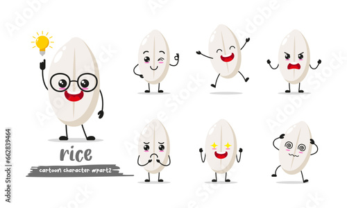 cute rice cartoon with many expressions. food different activity pose vector illustration flat design set.