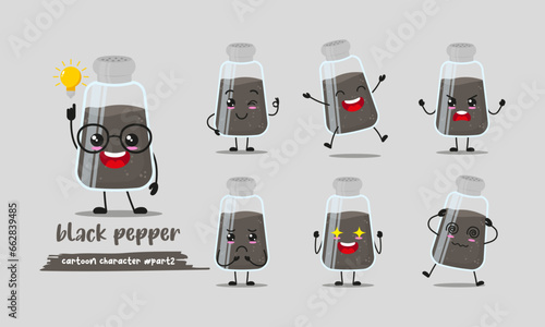 cute black pepper cartoon with many expressions. ingredient character different activity pose vector illustration flat design set.