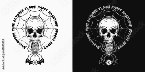 Vintage circle label with skull, mechanical spider, spiderweb, eye monster, text with Halloween short phrases. Freaky, creepy, spooky illustration.