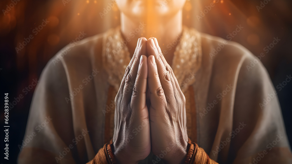 Praying hands with faith in religion and belief in God. Power of hope or love and devotion. Prayer position. - obrazy, fototapety, plakaty 