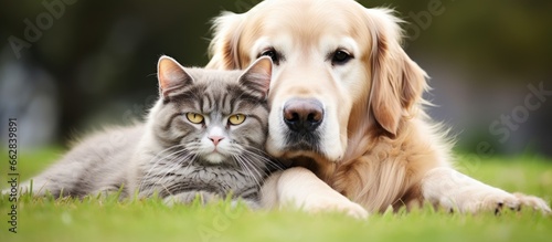 Golden retriever and British shorthair cat cuddling on grass With copyspace for text