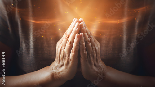 Praying hands with faith in religion and belief in God. Power of hope or love and devotion. Prayer position. photo