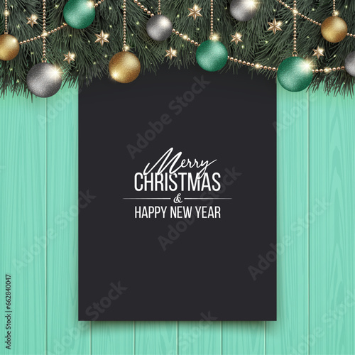 ターコイズ色の木製のクリスマスボードに黒無地のテンプレート。