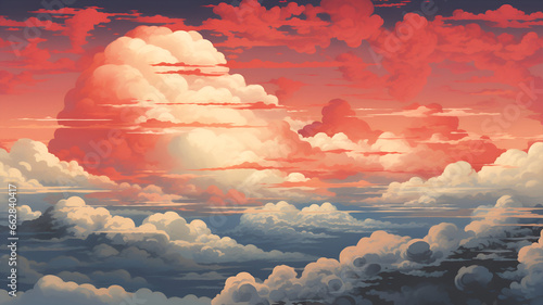 White and Red Orange Cumulus Clouds in Anime Style Illustration photo