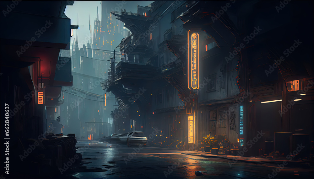 Cyberpunk background blurred city scene in matrix. AI render