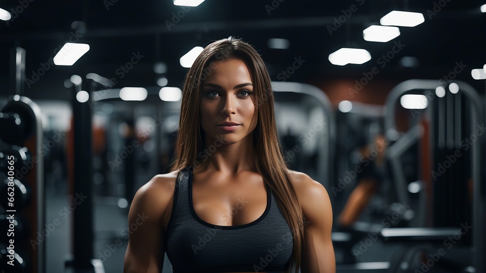 Fototapeta premium Portrait of beautiful muscular girl standing in the background of sport gym.