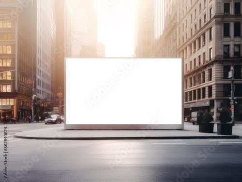 Blank billboard on city street with sunlight. Advertisement concept. Generative AI