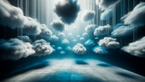 Digital composite of Clouds and sky in front of stage with blue background. Generative AI