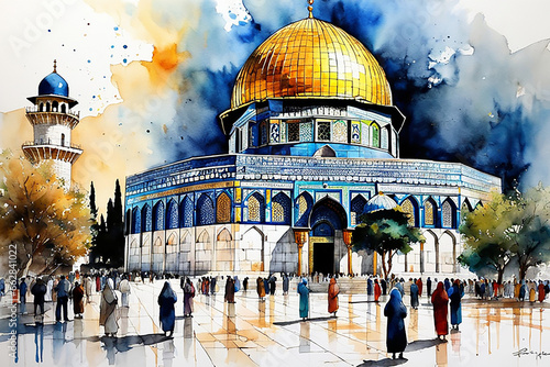 dome of the rock Jerusalem Israel old city omar mosque al aqsa al quds historical illustration background for cards websites books traveling vacations culture jews arabs Christians