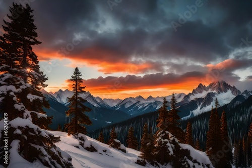 Beautiful colorful sunset over the snowy mountain range and pine tree forest. Nature landscape.
