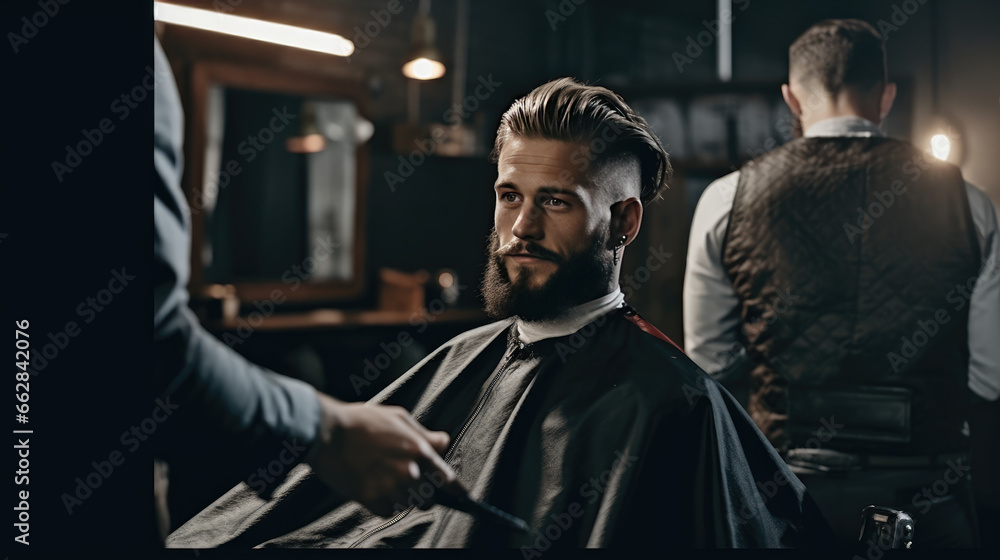 A stylish model with a beard, sitting in the barbershop chair