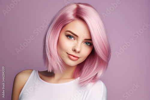 Generative ai picture of beautiful fashion model woman demonstrating perfect haircut pink stylish hair after salon