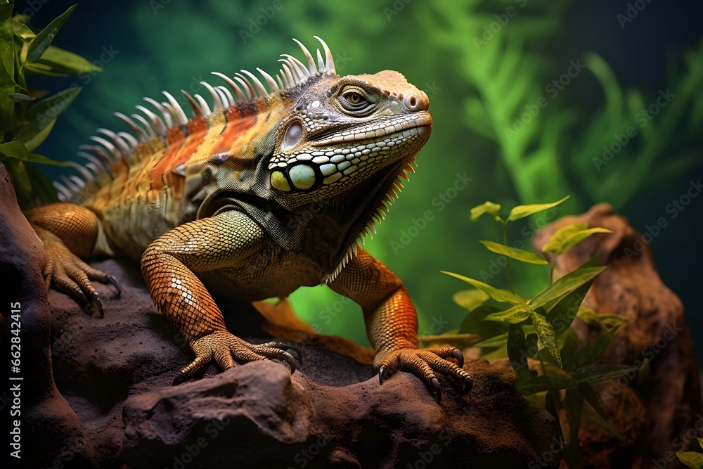 Iguana lying on a heated rock in a cozy terrarium. Photo of the reptile against the background of plants