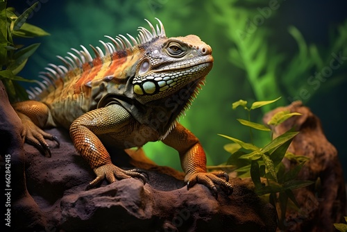 Iguana lying on a heated rock in a cozy terrarium. Photo of the reptile against the background of plants