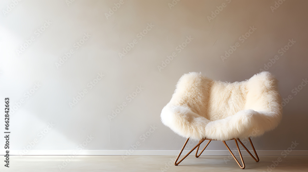 Fluffy fur sheepskin lounge chair on shaggy rug against venetian stucco wall with copy space. Minimalist home interior design of modern living room - obrazy, fototapety, plakaty 