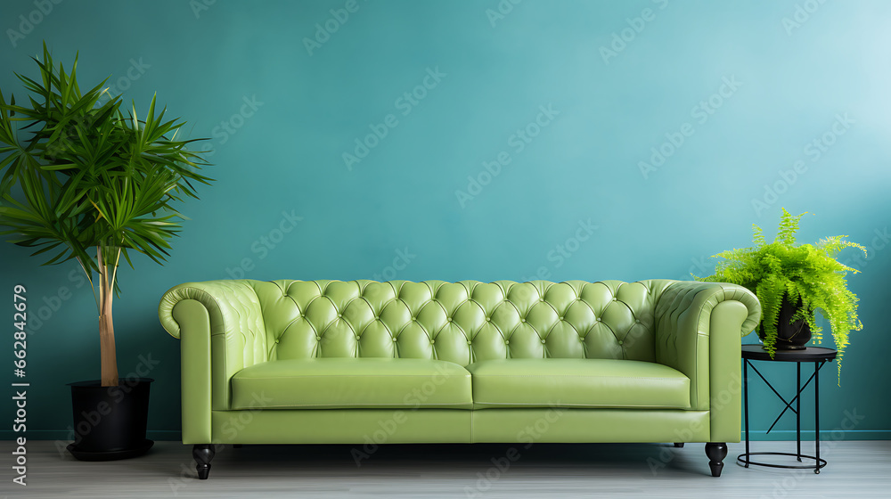 Light green leather sofa against wall with copy space. Mid-century, retro, vintage style home interior design of modern living room Light green leather sofa against wall with copy space. Mid-century, retro, vintage style home interior design of modern living room