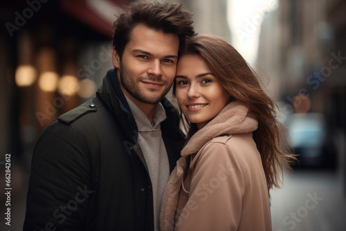 Picture made with generative AI of handsome man and charming girl in love walking together on an evening date © deagreez