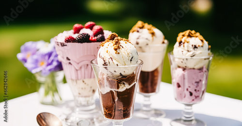 Ice cream desserts buffet table  event food catering for wedding  party and holiday celebration  ice creams and flowers decor in a floral countryside garden  generative ai