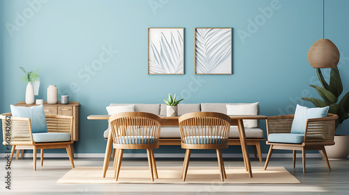 Rustic round coffee table near white sofa against turquoise wall. Scandinavian home interior design of modern living room