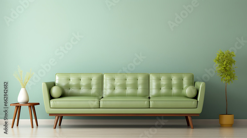 Light green leather sofa against wall with copy space. Mid-century, retro, vintage style home interior design of modern living room  © Alin