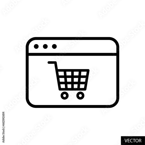 Webpage and trolly sign, shopping cart, web store, online shopping concept vector icon in line style design for website, app, UI, isolated on white background. Editable stroke. Vector illustration.