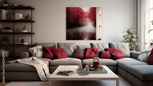 Grey sofa with maroon pillows. Farmhouse home interior design of modern living room © Alin