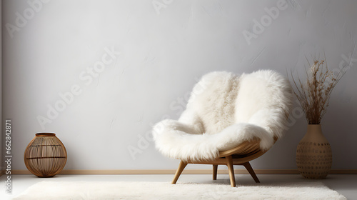 Fluffy fur sheepskin lounge chair on shaggy rug against venetian stucco wall with copy space. Minimalist home interior design of modern living room photo