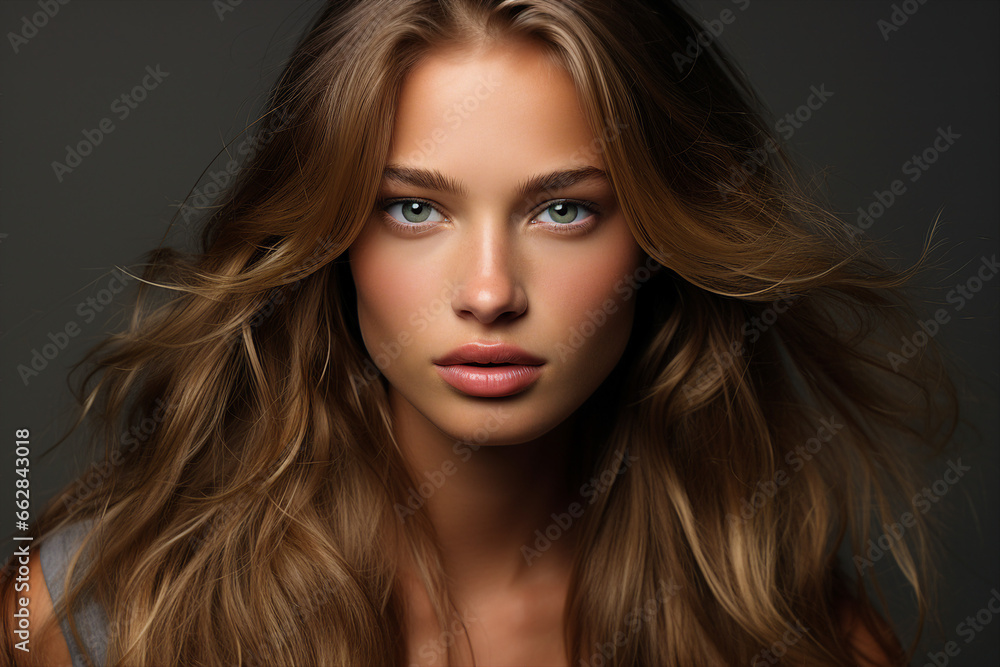 Generative Ai portrait of young pretty woman natural beauty brown volume hairstyle on background