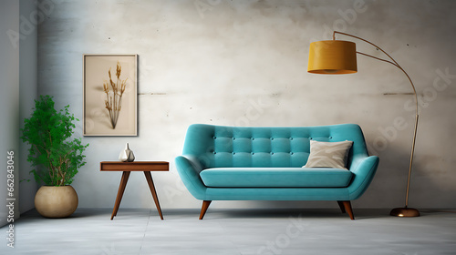 Teal curved sofa against concrete wall. Mid-century, scandinavian home interior design of modern living room