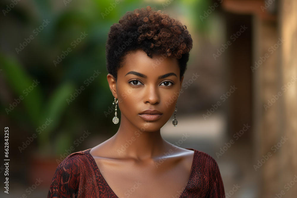 Young african woman with short afro hairstyle posing outdoors Generative AI picture - obrazy, fototapety, plakaty 