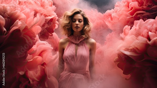 Model with a playful demeanor, surrounded by swirling pink smoke, set against a tulip garden