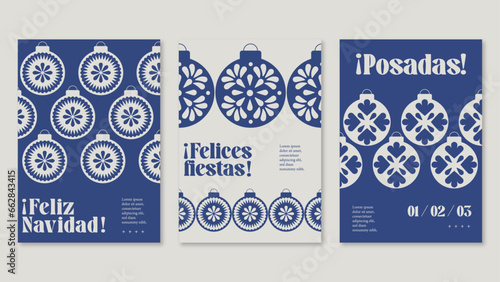 Conjunto de tarjetas postales, póster, invitación, Navidad mexicana esferas, posadas navideñas. Ilustración vectorial para diseño gráfico y web, banner de redes sociales, material de marketing.