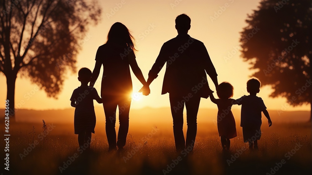 Silhouette of happy family walking in the meadow at sunset - Mother, father and child son having fun