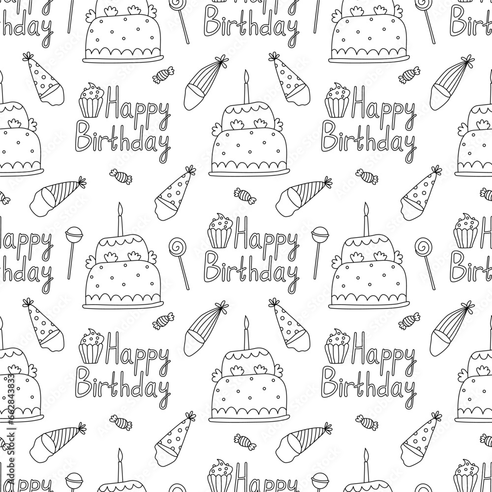 Seamless pattern with birthday cakes, hats and lollipops. Doodle hand drawn vector illustration on white background black outline.