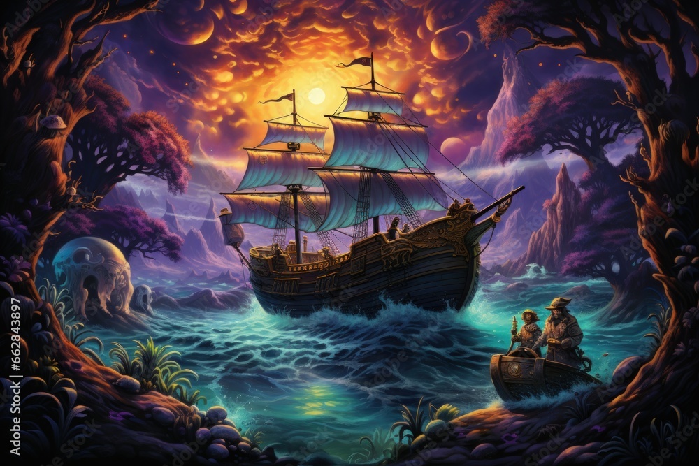 Fototapeta premium Daring pirate captains sailing enchanted seas - Generative AI