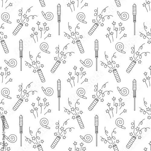 Seamless pattern with petards, firecrackers, birthday whistles and Firework with stars. Doodle hand drawn vector illustration on white background black outline