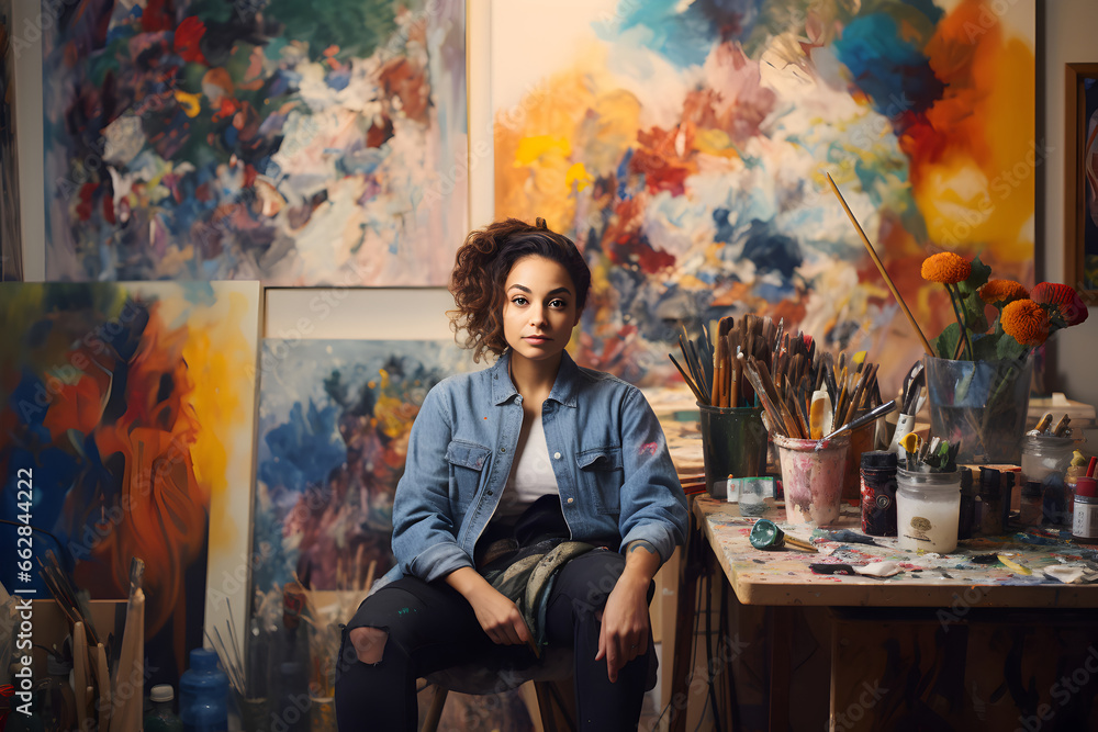 A young Latina artist begins her day in a colourful art studio surrounded by paints and canvases. A young Latina artist begins her day in a colourful art studio surrounded by paints and canvases.