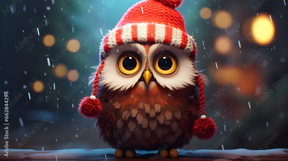 Cute christmas owl in a red hat on a background of falling snow. Cute christmas owl in a red hat on a background of falling snow.