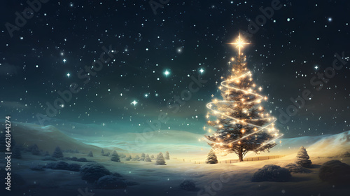 Digital composite of Christmas tree with snow and stars in the night sky. Christmas background with christmas tree, snow and stars. Beautiful christmas night. © mandu77