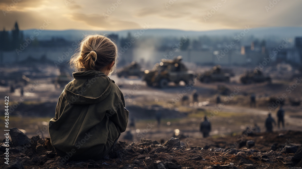 A lone girl in the war, representing childhood and families in crisis in the Middle East - obrazy, fototapety, plakaty 