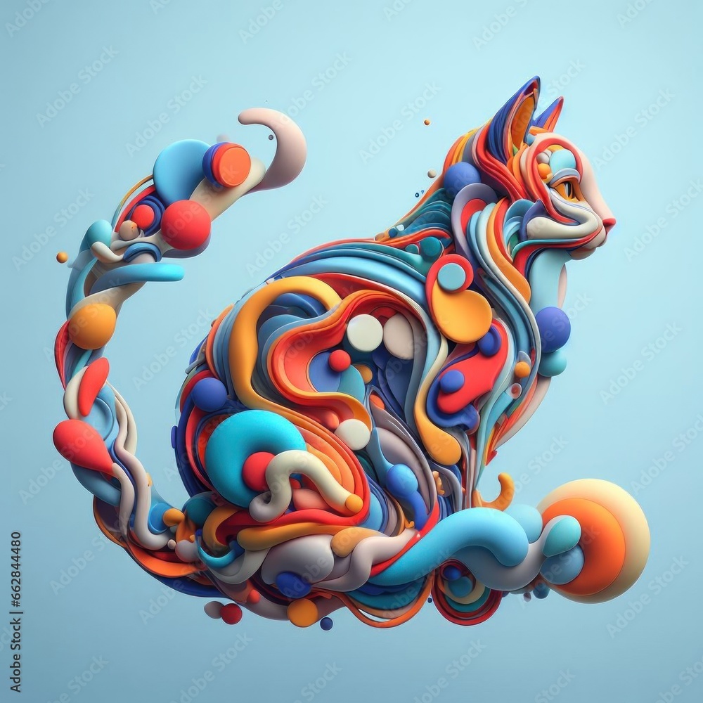 Obraz premium A cat, minimalistic colorful organic forms, energy, assembled, layered, depth, alive vibrant, 3D, abstract, on a light blue background