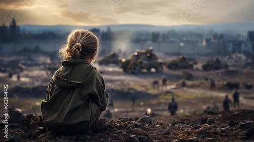A lone girl in the war, representing childhood and families in crisis in the Middle East photo