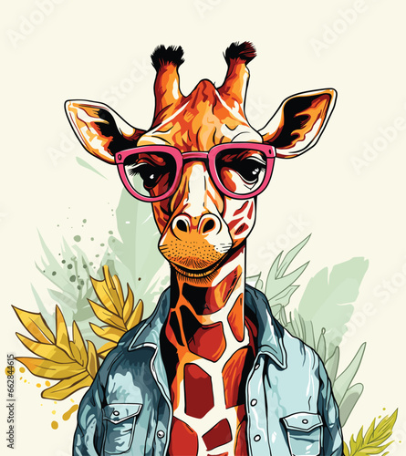 A giraffe wearing a blue shirt and pink glasses radiates curiosity and intellectual charm. Vector illustration