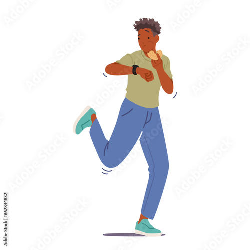 Teenage Boy Looking on Wrist Watches, Munches A Quick Snack While Walking, Cartoon People Vector Illustration
