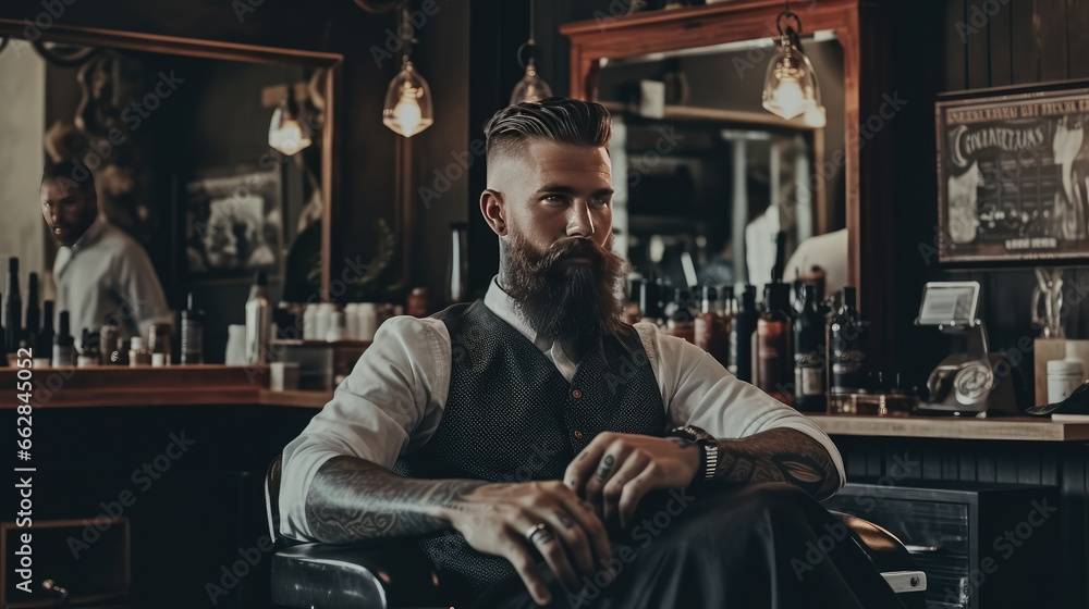 A stylish model with a beard, sitting in the barbershop chair A stylish model with a beard, sitting in the barbershop chair